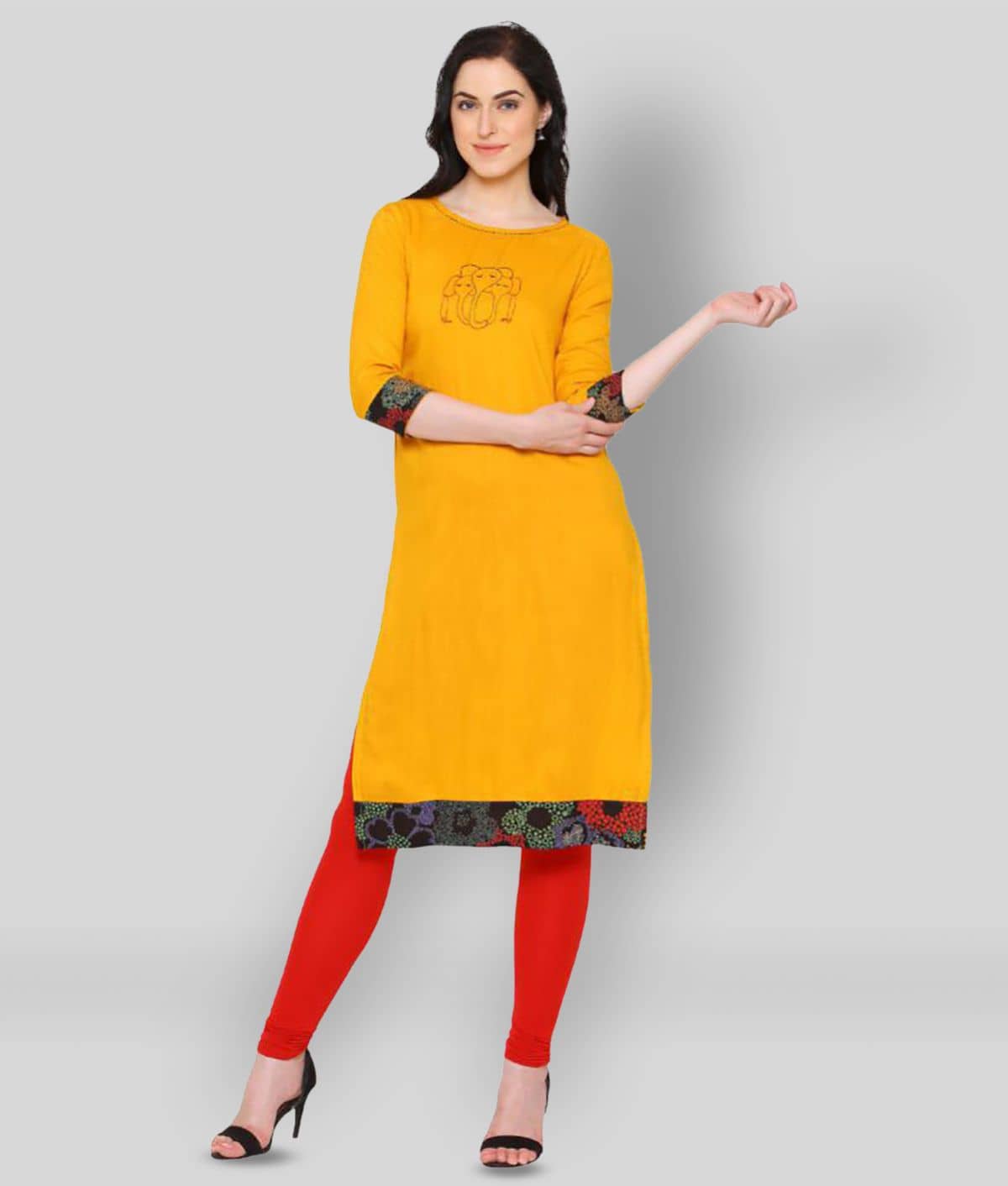 Yash Gallery Pack of 1 Rayon Embroidered Straight Women's Kurti - ( Yellow ) - Kurtis, Tunics | Buy online on ZillyBuy
