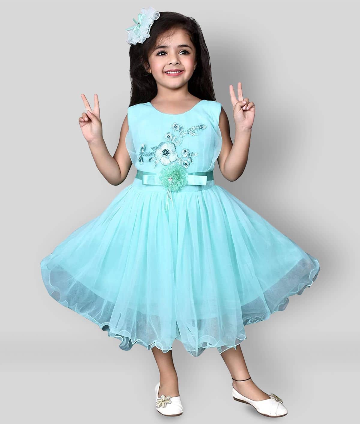 Cherry Tree Cotton Blend Frock For Girls ( Pack of 1 , Light Blue )