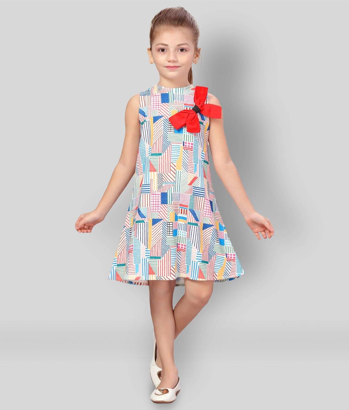     			K&U Cotton Blend A-line Dress For Girls ( Pack of 1 , Red & Blue )