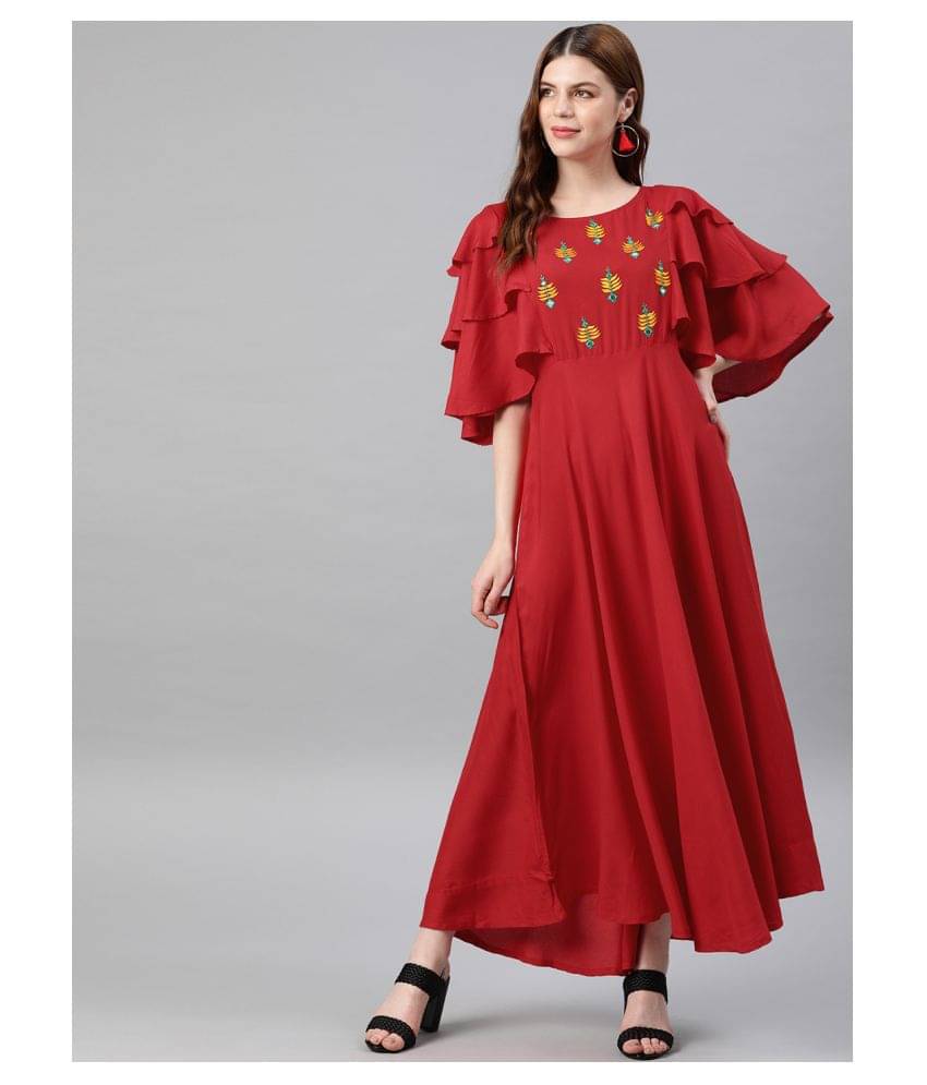 Yash Gallery Pack of 1 Rayon Embroidered Flared Women's Kurti - ( Red ) Yash Gallery Pack of 1 Rayon Embroidered Flared Women's Kurti - ( Red )