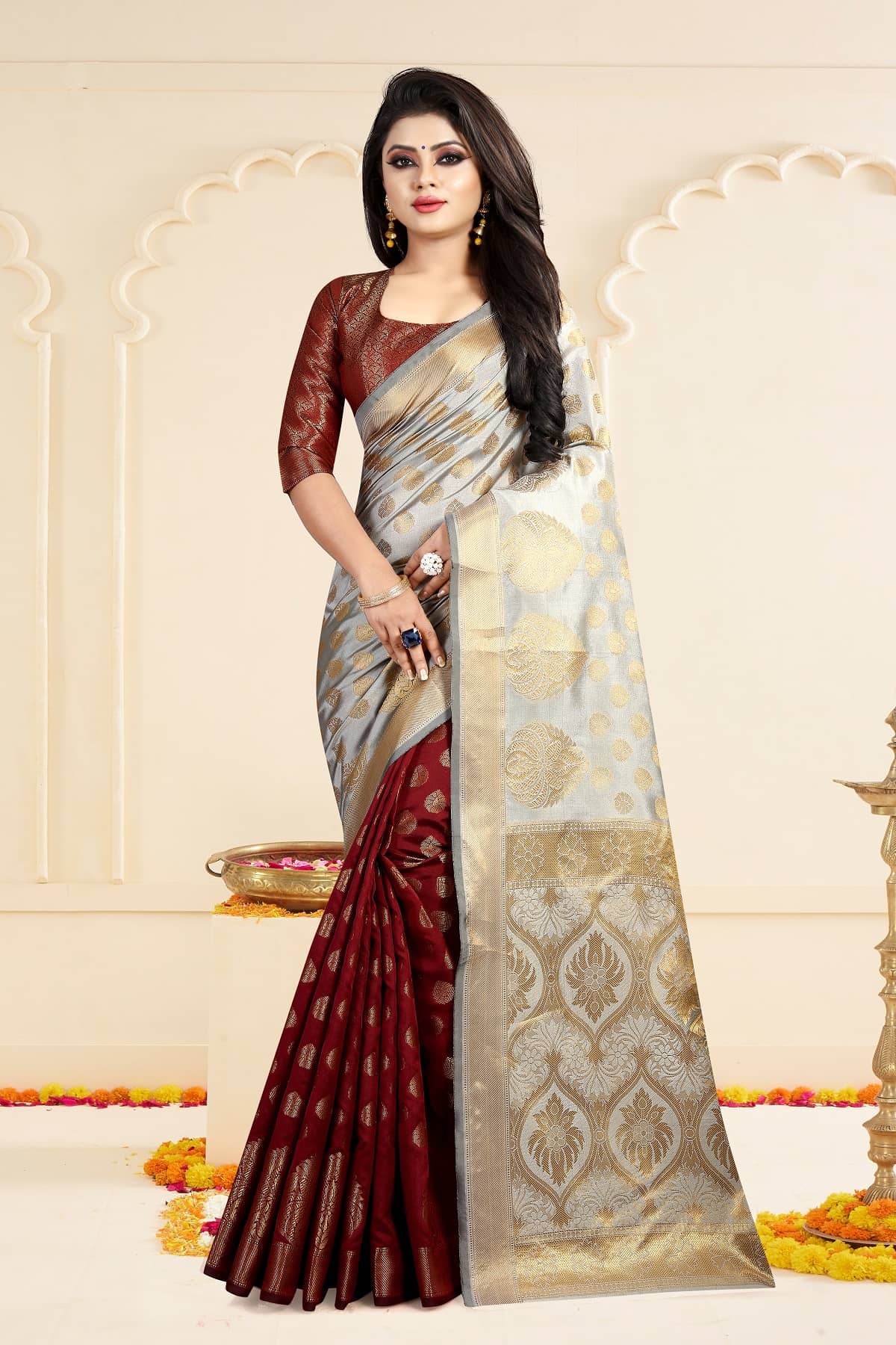 Gazal Fashions Banarasi Silk Printed Saree With Unstitched Blouse Piece ( Multicolor ) - Sarees | Buy online on ZillyBuy