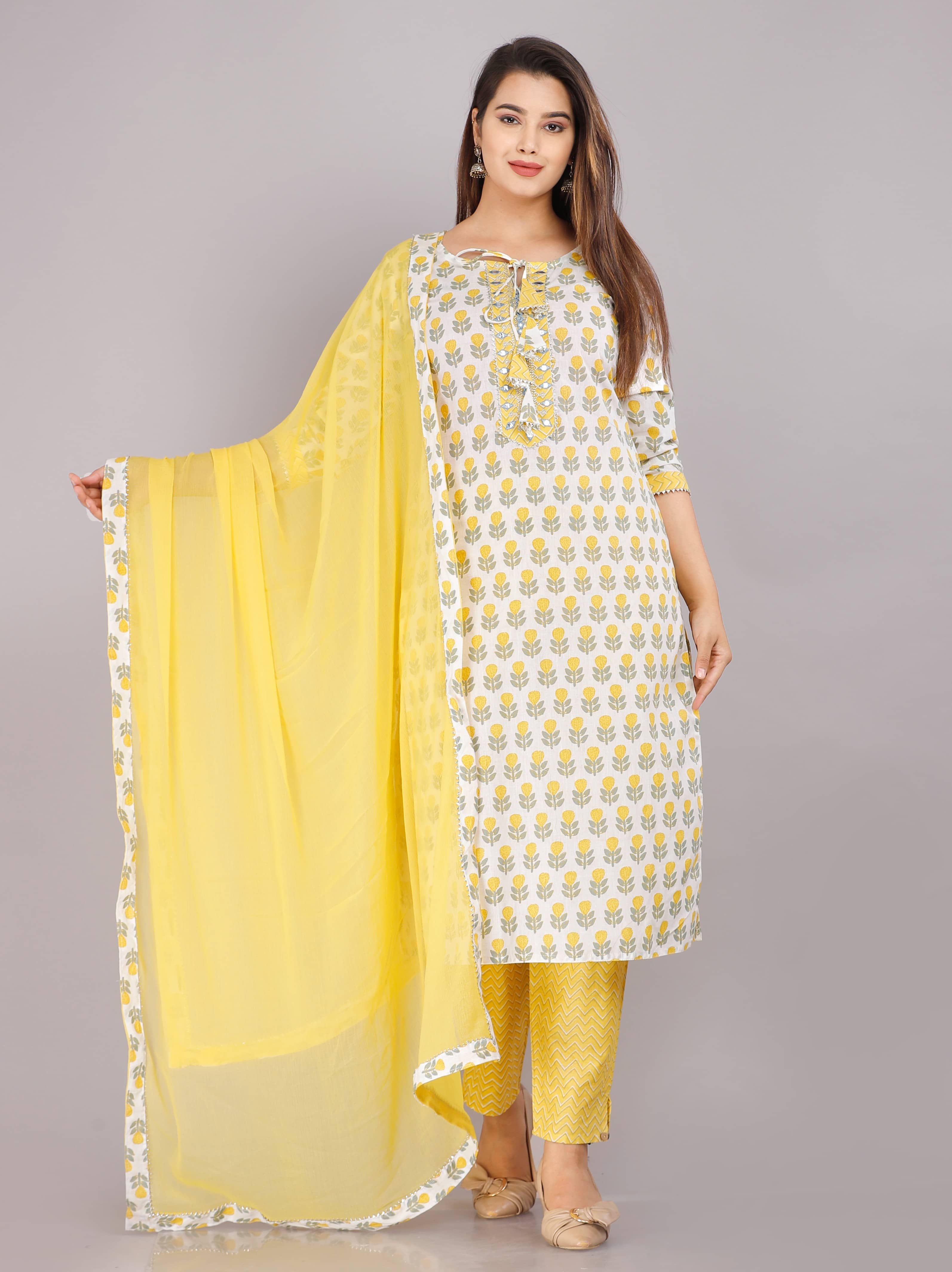 JC4U - Yellow Straight Cotton Women's Stitched Salwar Suit ( Pack of 3 )