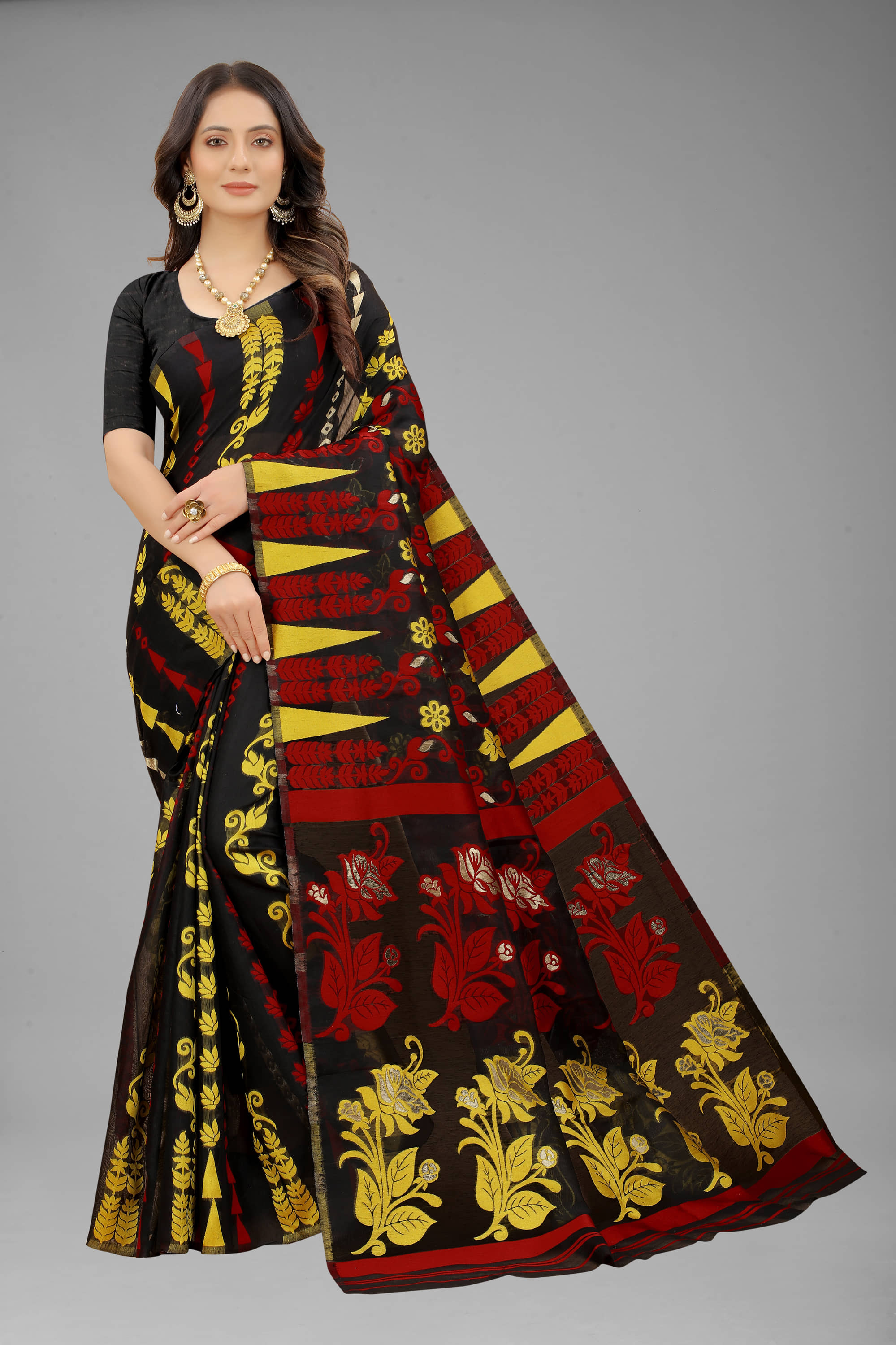 NENCY FASHION Cotton Self Design Saree With Unstitched Blouse Piece ( Black ) - Sarees | Buy online on ZillyBuy