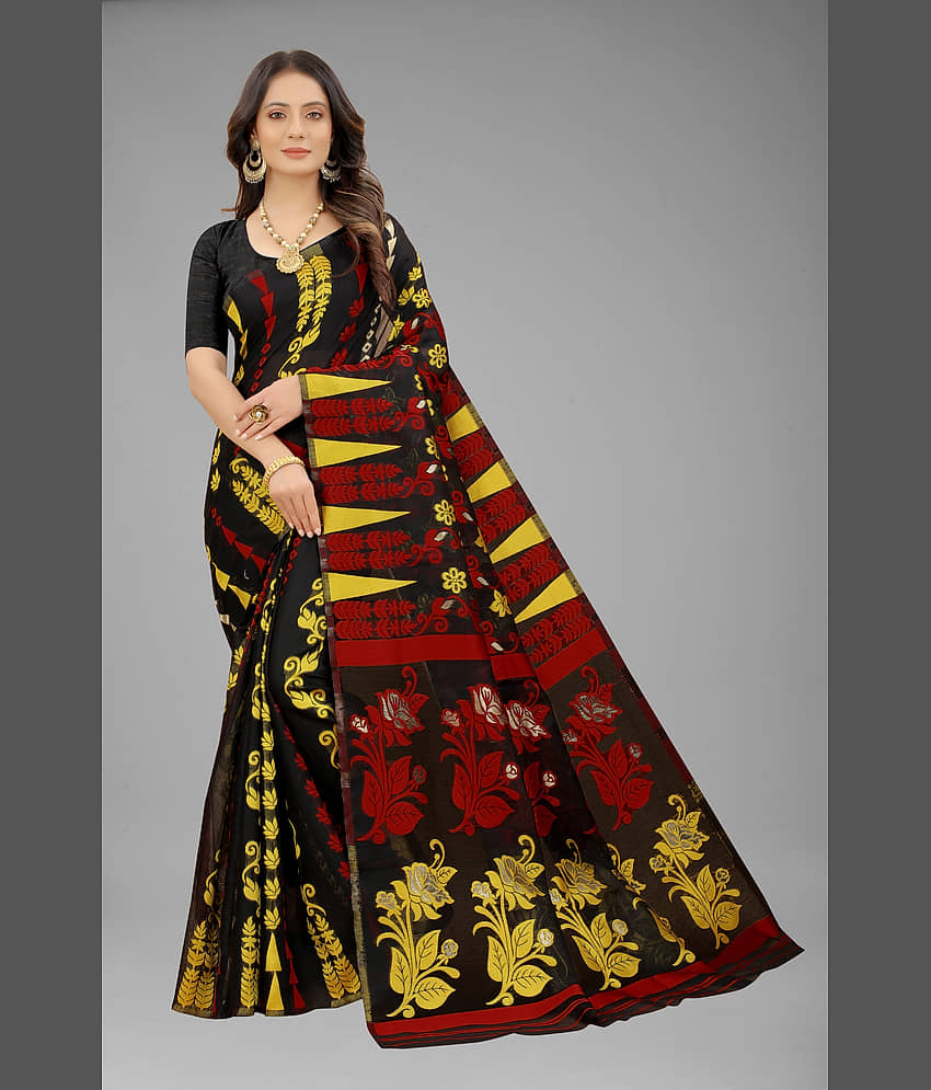 NENCY FASHION Cotton Self Design Saree With Unstitched Blouse Piece ( Black ) - Sarees | Buy online on ZillyBuy