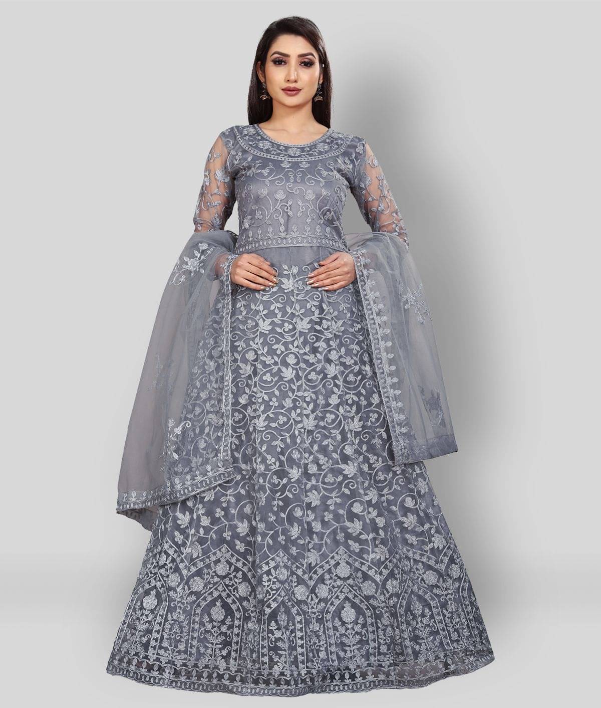 Aika - Dark Grey Anarkali Net Women's Semi Stitched Ethnic Gown ( Pack of 1 ) Aika - Dark Grey Anarkali Net Women's Semi Stitched Ethnic Gown ( Pack of 1 )