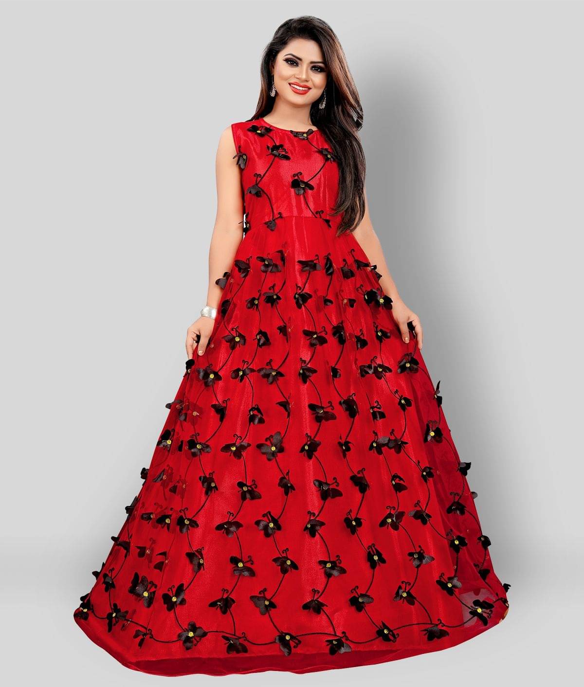 Aika - Red Anarkali Net Women's Semi Stitched Ethnic Gown ( Pack of 1 )     			Aika - Red Anarkali Net Women's Semi Stitched Ethnic Gown ( Pack of 1 )