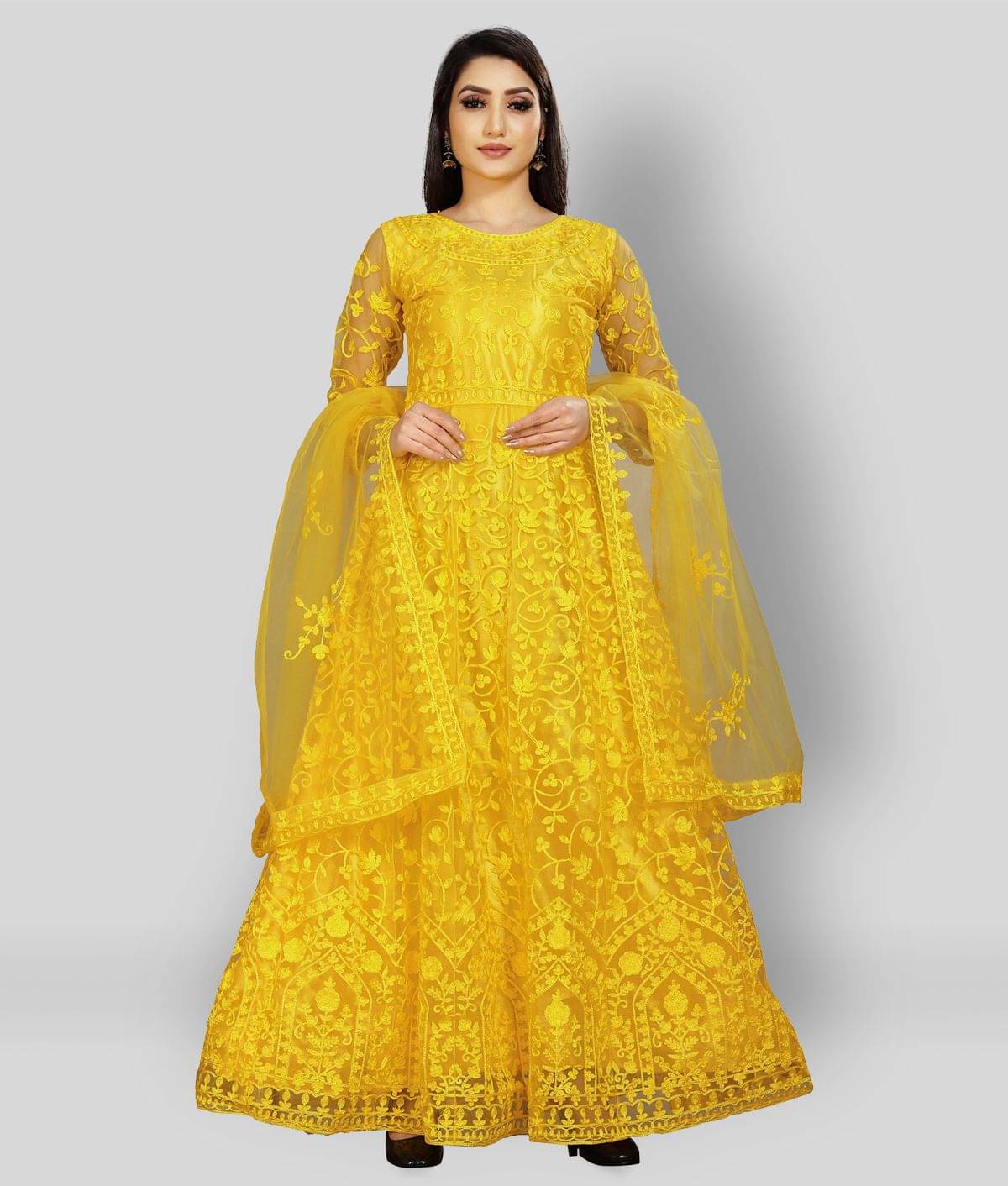 Aika - Yellow Anarkali Net Women's Semi Stitched Ethnic Gown ( Pack of 1 ) Aika - Yellow Anarkali Net Women's Semi Stitched Ethnic Gown ( Pack of 1 )