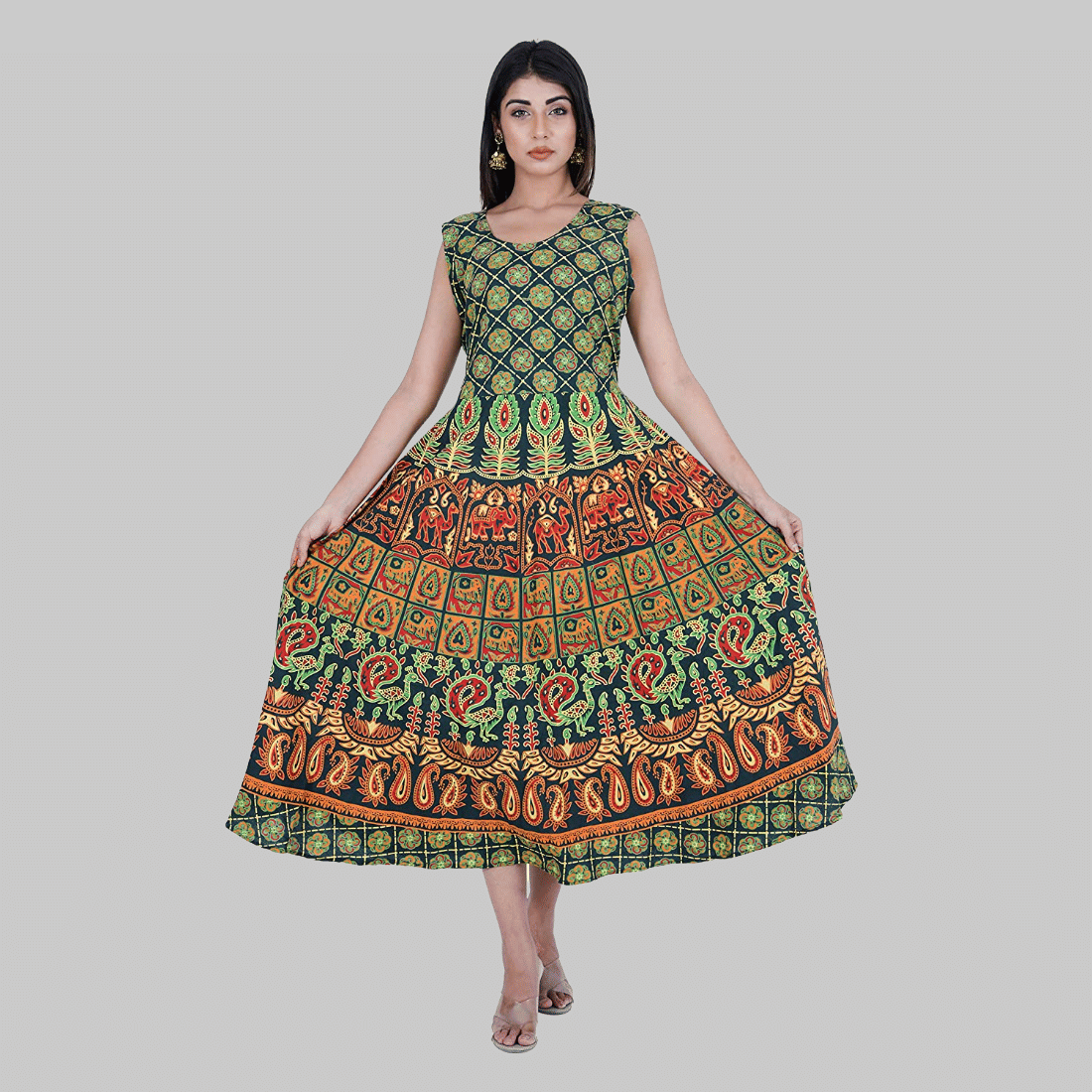     			Rangun Women Cotton Printed Ethnic Dress ( Green )