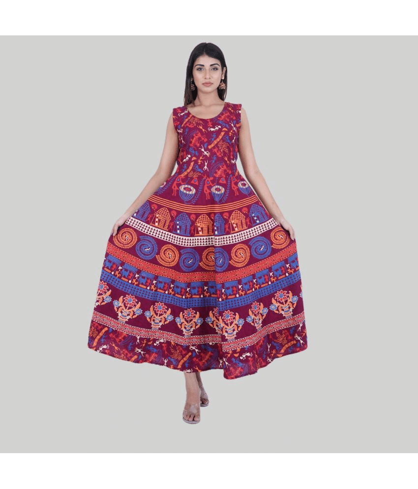 Rangun Women Cotton Printed Ethnic Dress ( Maroon )     			Rangun Women Cotton Printed Ethnic Dress ( Maroon )