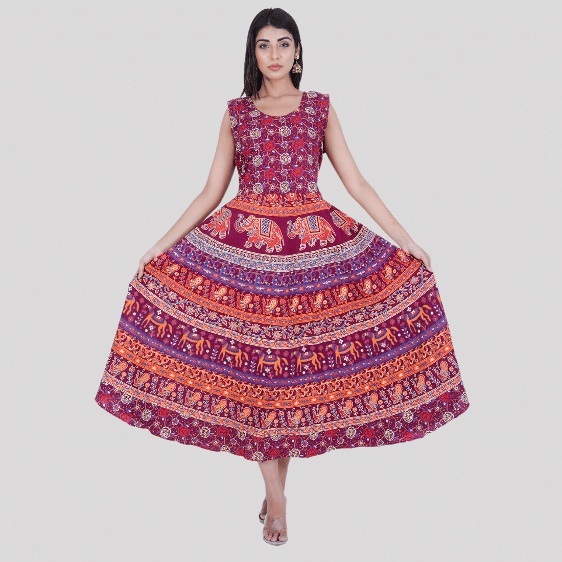     			Rangun Women Cotton Printed Ethnic Dress ( Maroon )
