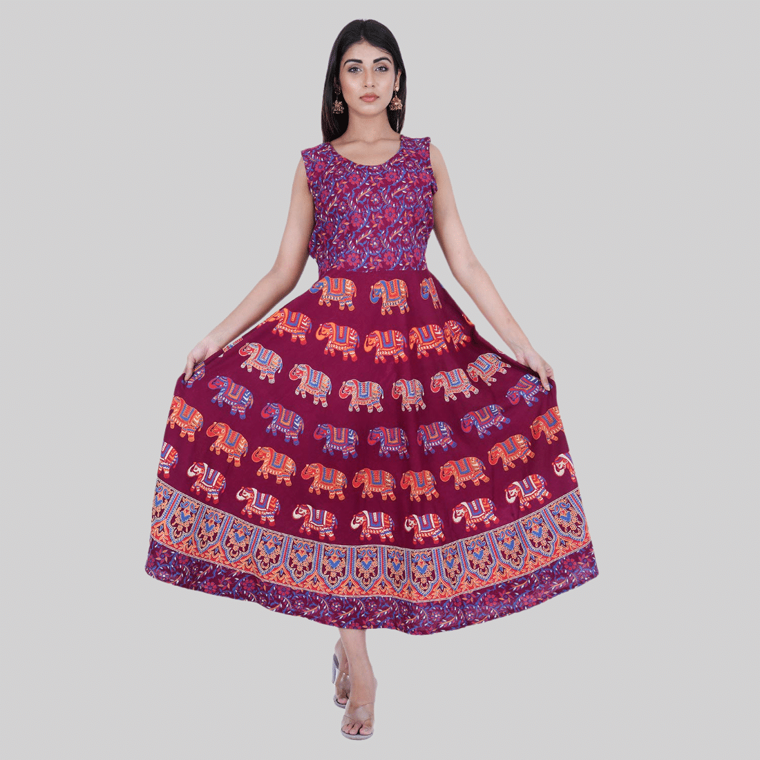     			Rangun Women Cotton Printed Ethnic Dress ( Maroon )