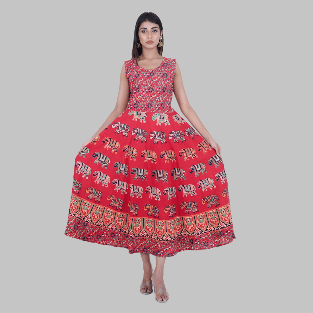 Rangun Women Cotton Printed Ethnic Dress ( Red ) Rangun Women Cotton Printed Ethnic Dress ( Red )