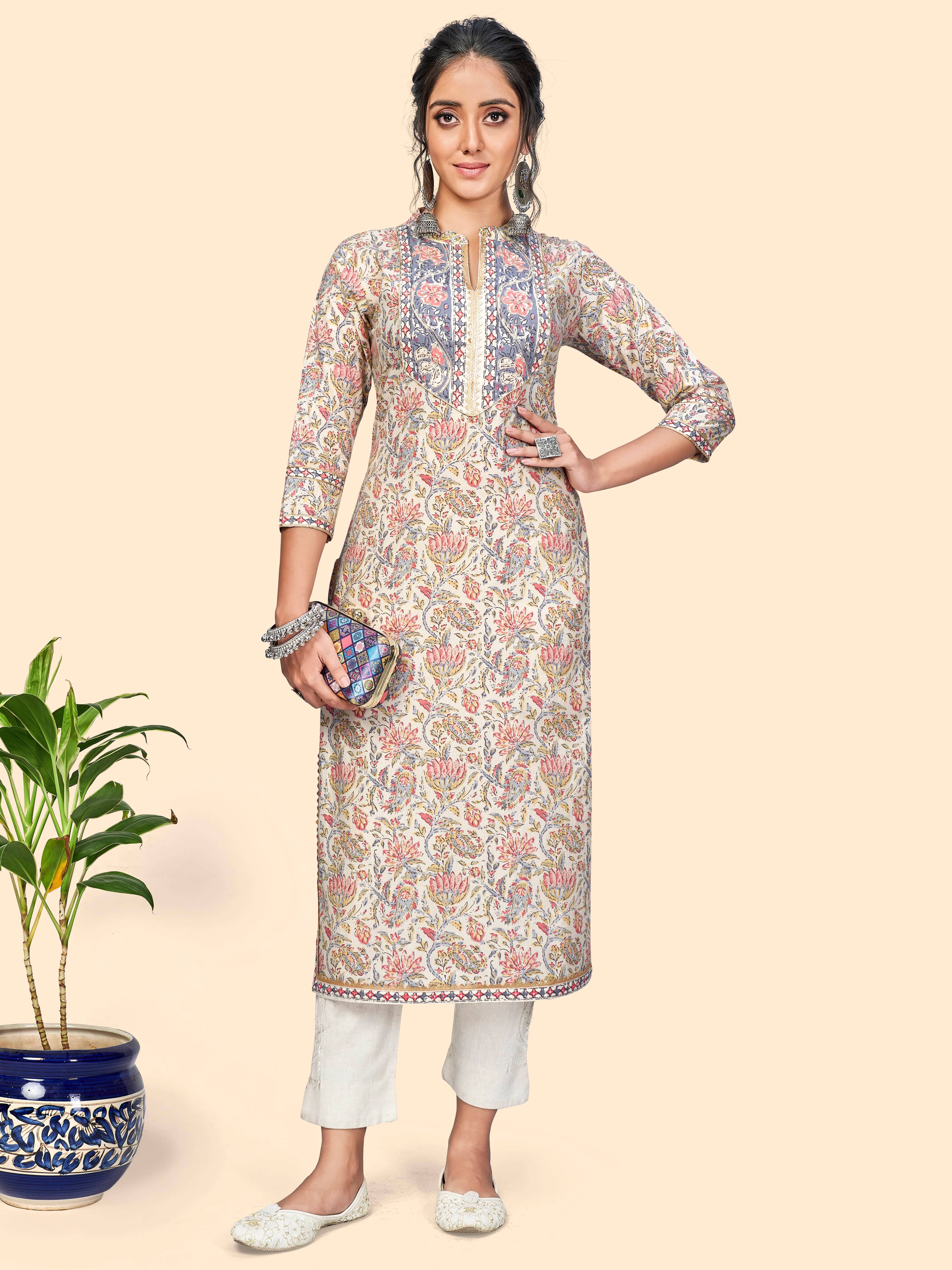 Vbuyz - Beige Cotton Women's Straight Kurti ( Pack of 1 ) - Kurtis, Tunics | Buy online on ZillyBuy