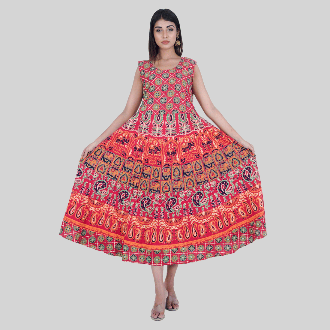 Rangun Women Cotton Printed Ethnic Dress ( Red ) Rangun Women Cotton Printed Ethnic Dress ( Red )
