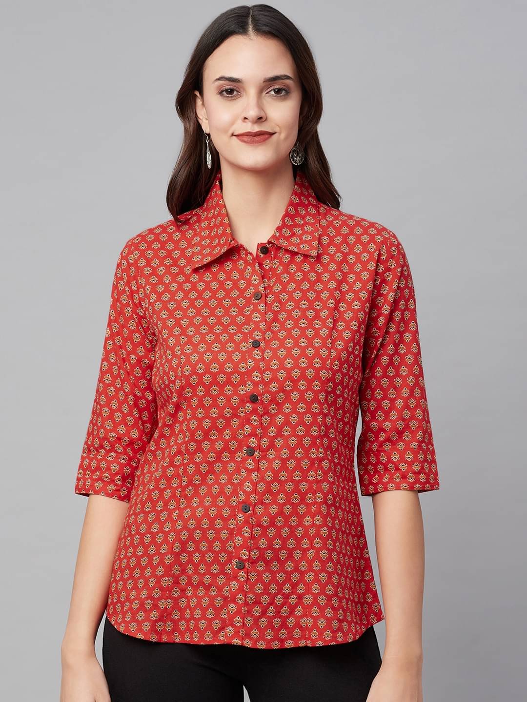 Divena Women Printed Cotton Shirt ( Red ) Divena Women Printed Cotton Shirt ( Red )