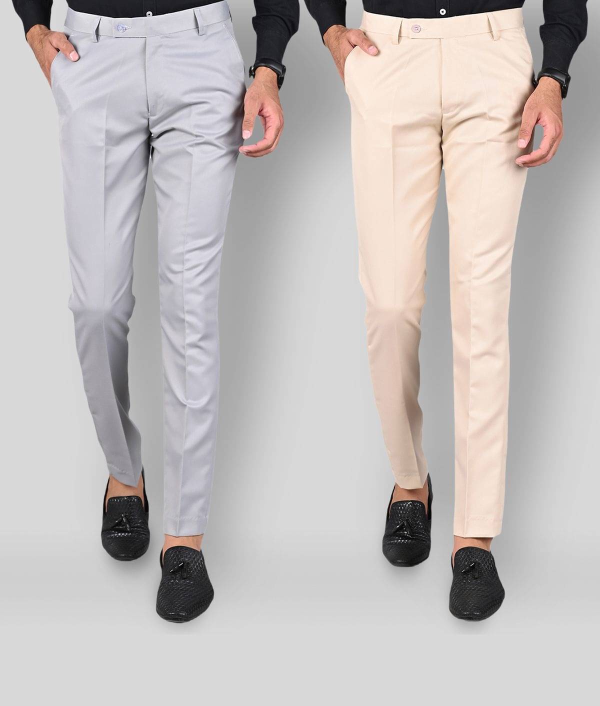     			MANCREW - Cream Polycotton Slim - Fit Men's Formal Pants ( Pack of 2 )