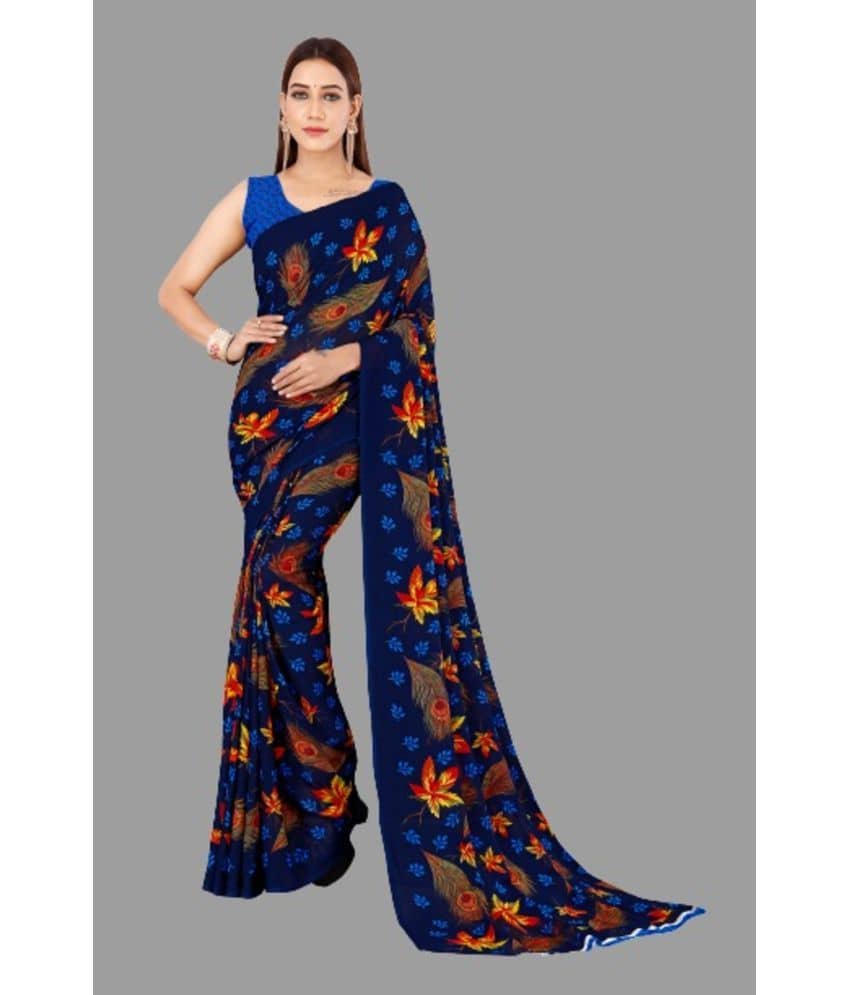 ANAND SAREES Georgette Printed Saree With Stitched Blouse ( Blue ) - Sarees | Buy online on ZillyBuy