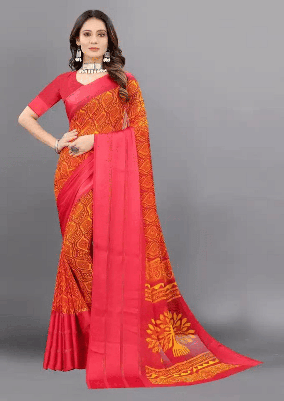 sanwariya Georgette Printed Saree With Unstitched Blouse Piece ( Red ) - Sarees | Buy online on ZillyBuy