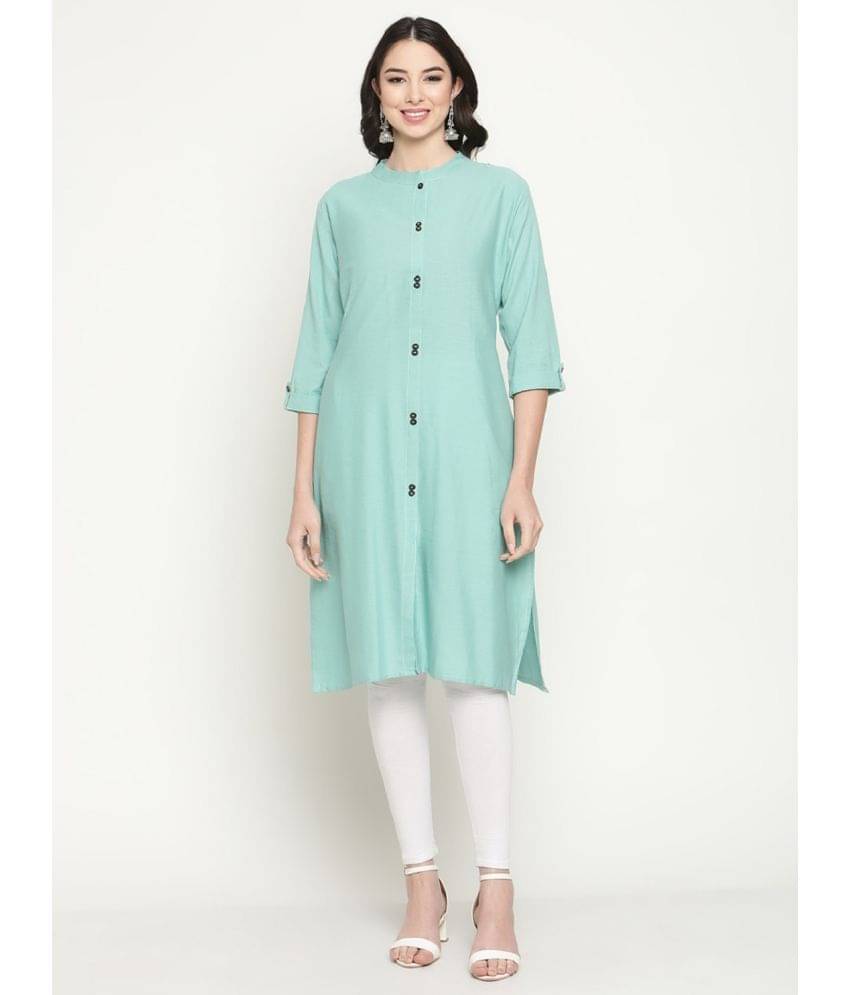 Queenley - Turquoise Cotton Blend Women's Front Slit Kurti ( Pack of 1 ) Queenley - Turquoise Cotton Blend Women's Front Slit Kurti ( Pack of 1 )