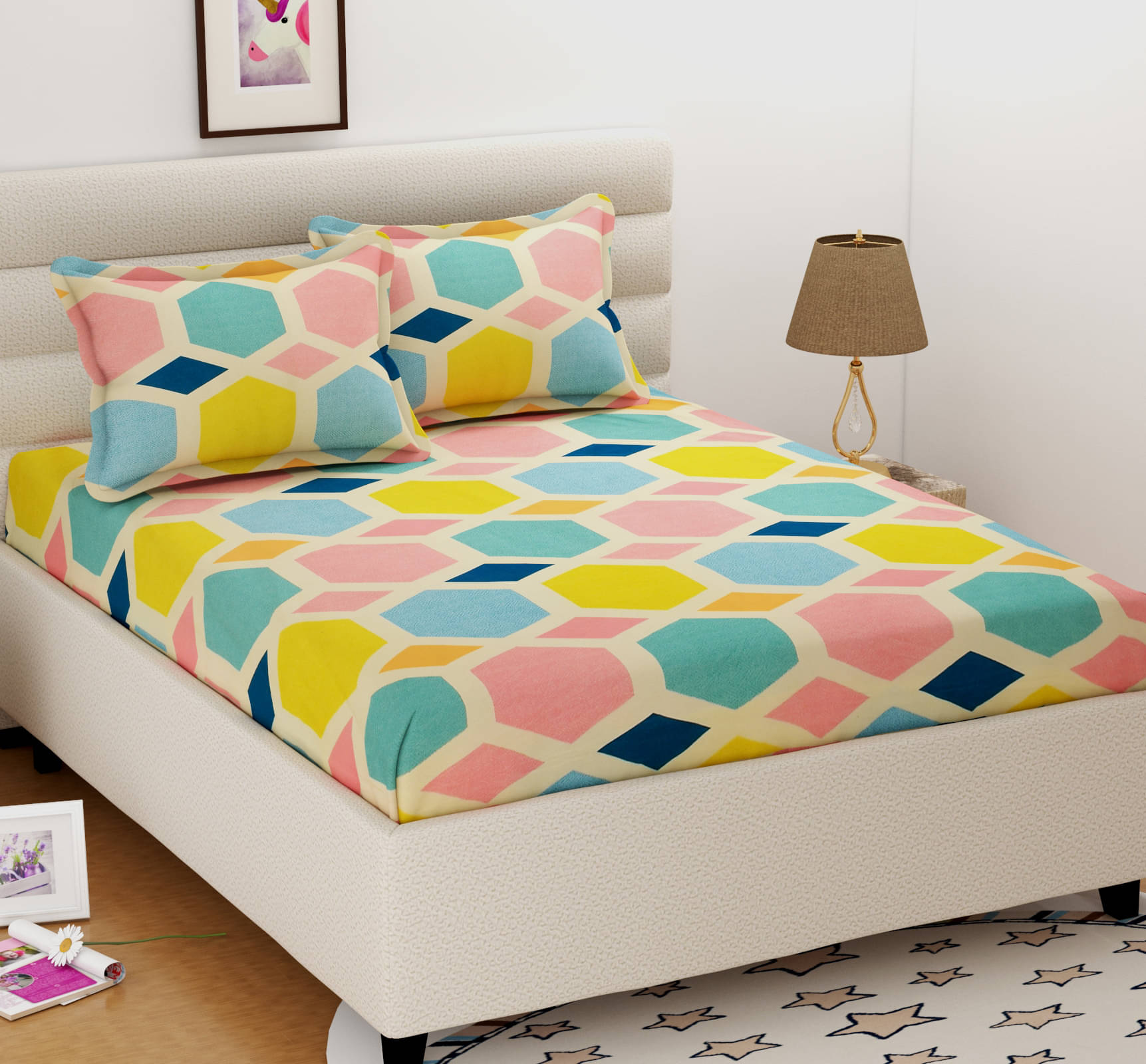 Sky Tex King 3D Polycotton Multi Geometrical Fitted Sheet Sky Tex King 3D Polycotton Multi Geometrical Fitted Sheet