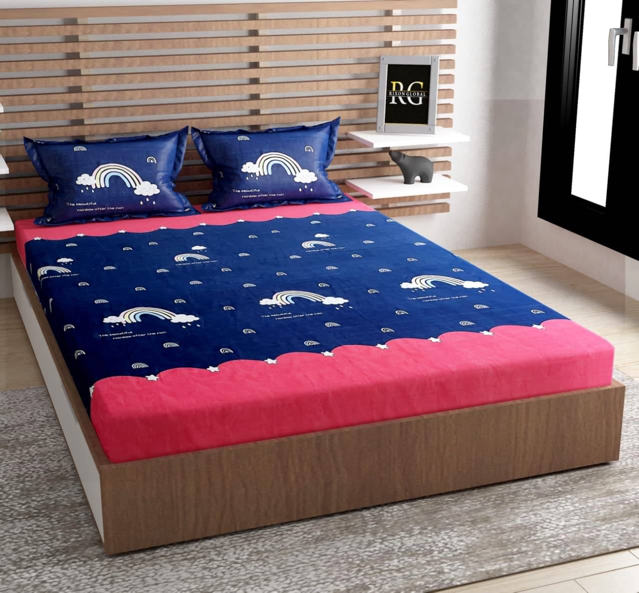 Sky Tex Cotton Graphic Fitted 1 Bedsheet with 2 Pillow Covers ( King Size ) - Blue     			Sky Tex Cotton Graphic Fitted 1 Bedsheet with 2 Pillow Covers ( King Size ) - Blue