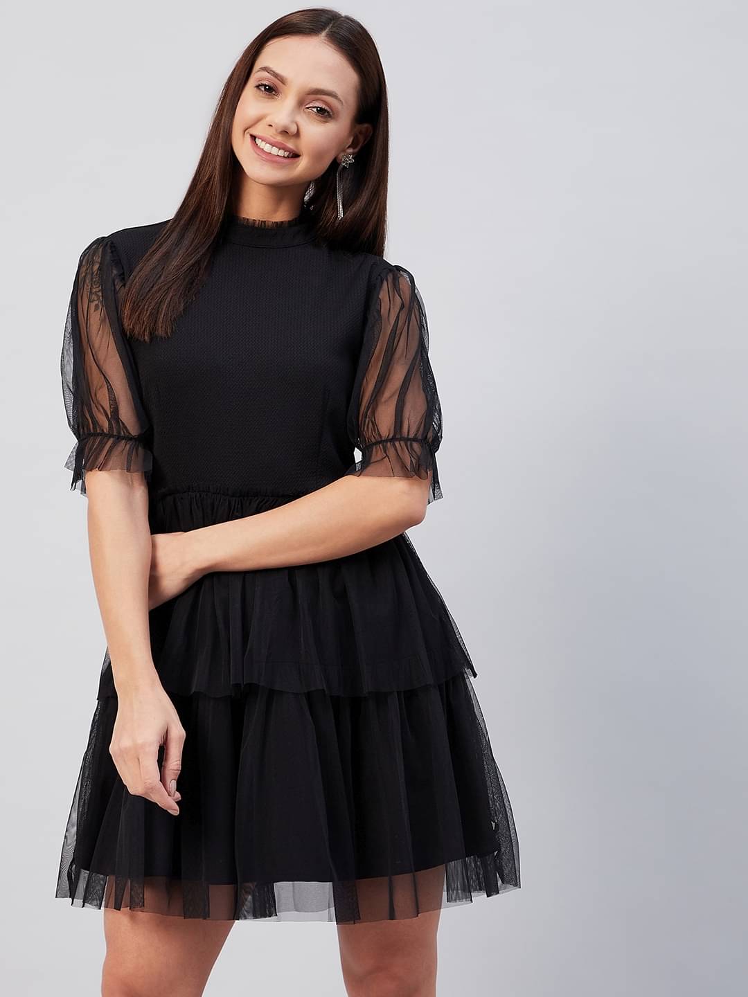     			Rare Women Net Solid Fit & Flare Dress ( Black )
