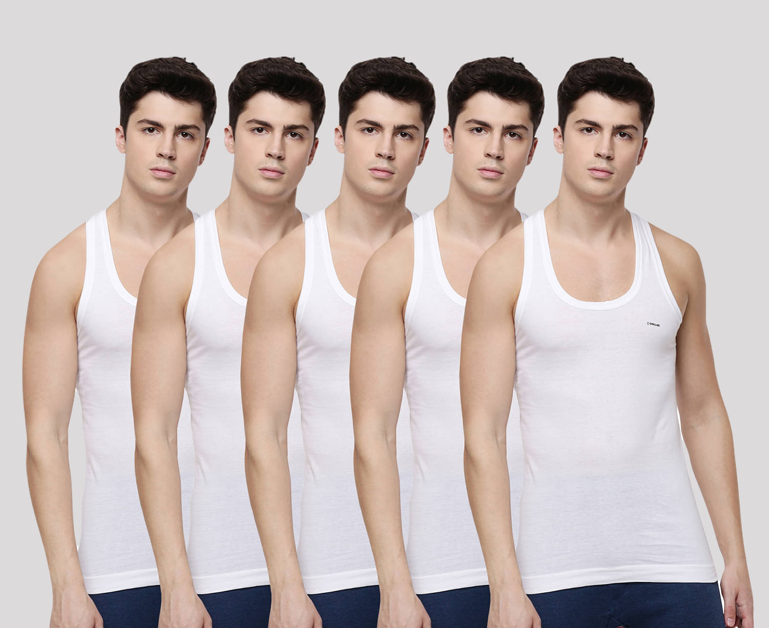     			Dollar Bigboss Men's White Pack of 5 Solid Combed Cotton Shrinkless Vest