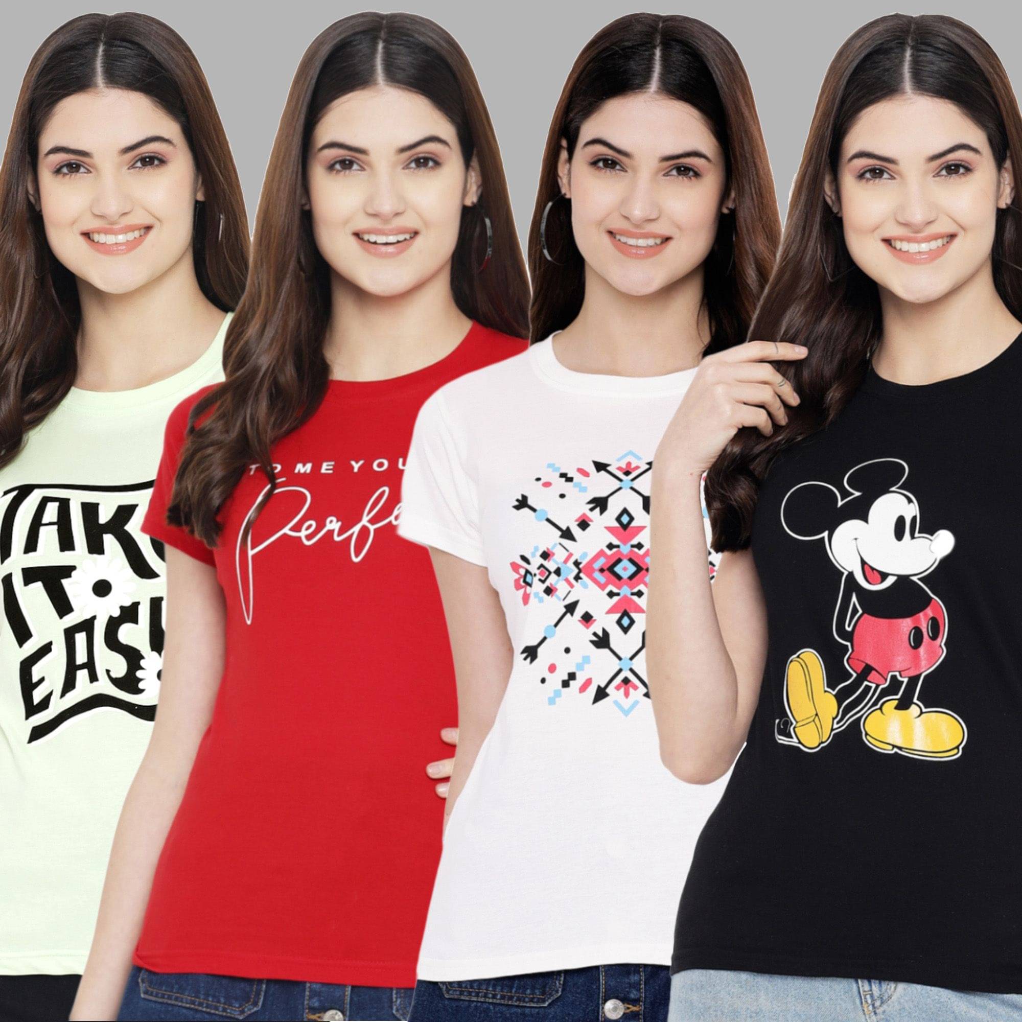     			Fabflee Women Cotton Blend Printed Regular Fit Round Neck T-Shirt ( Multi Color )
