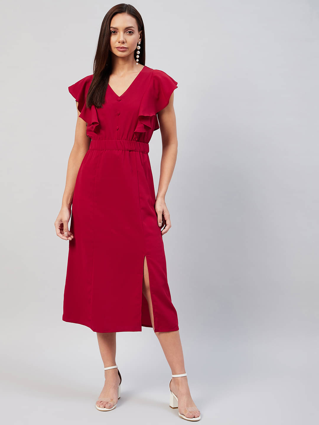 Rare Women Crepe Solid Side Slit Dress ( Maroon ) Rare Women Crepe Solid Side Slit Dress ( Maroon )
