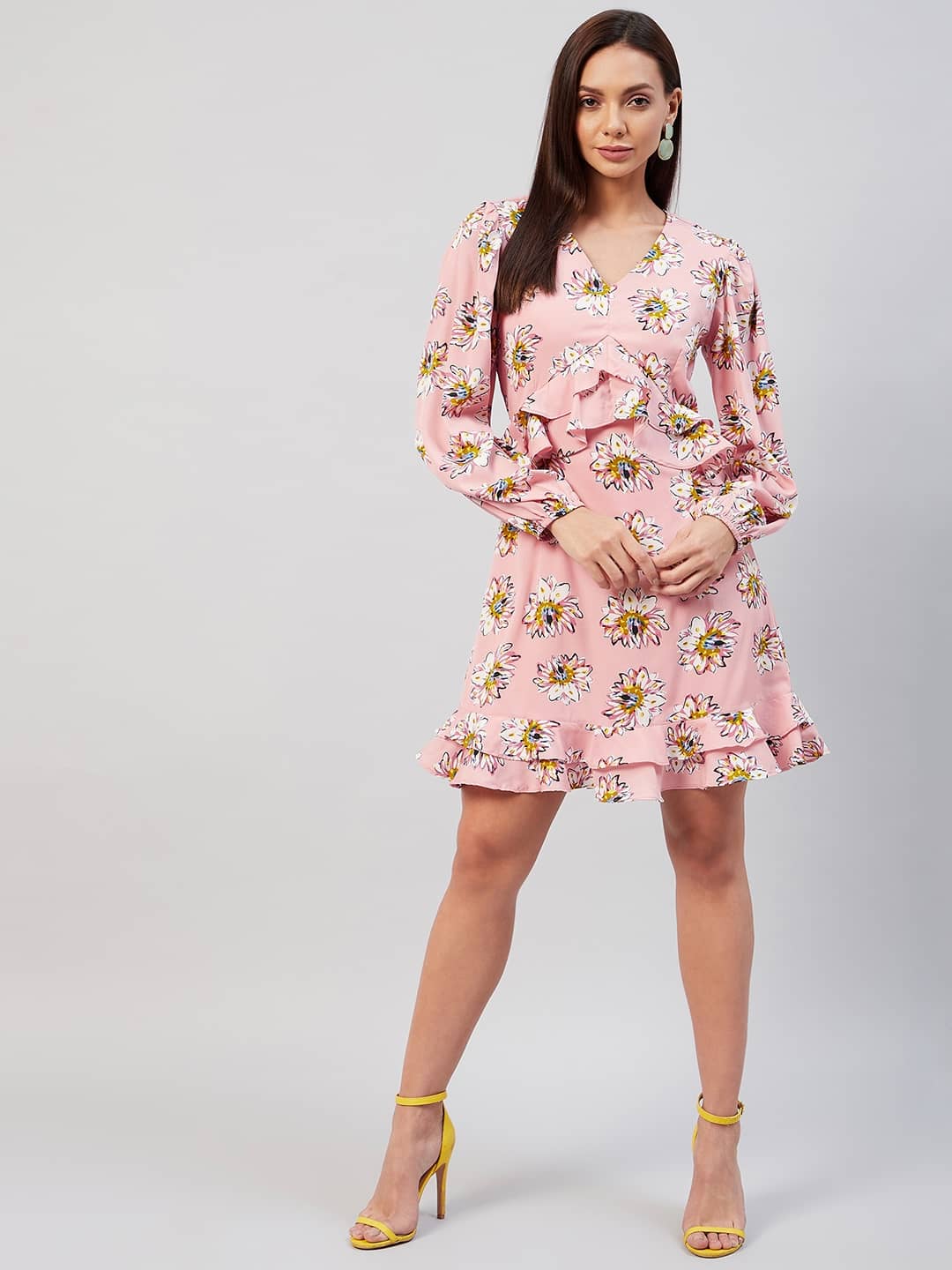Rare Women Crepe Printed A-line Dress ( Peach )