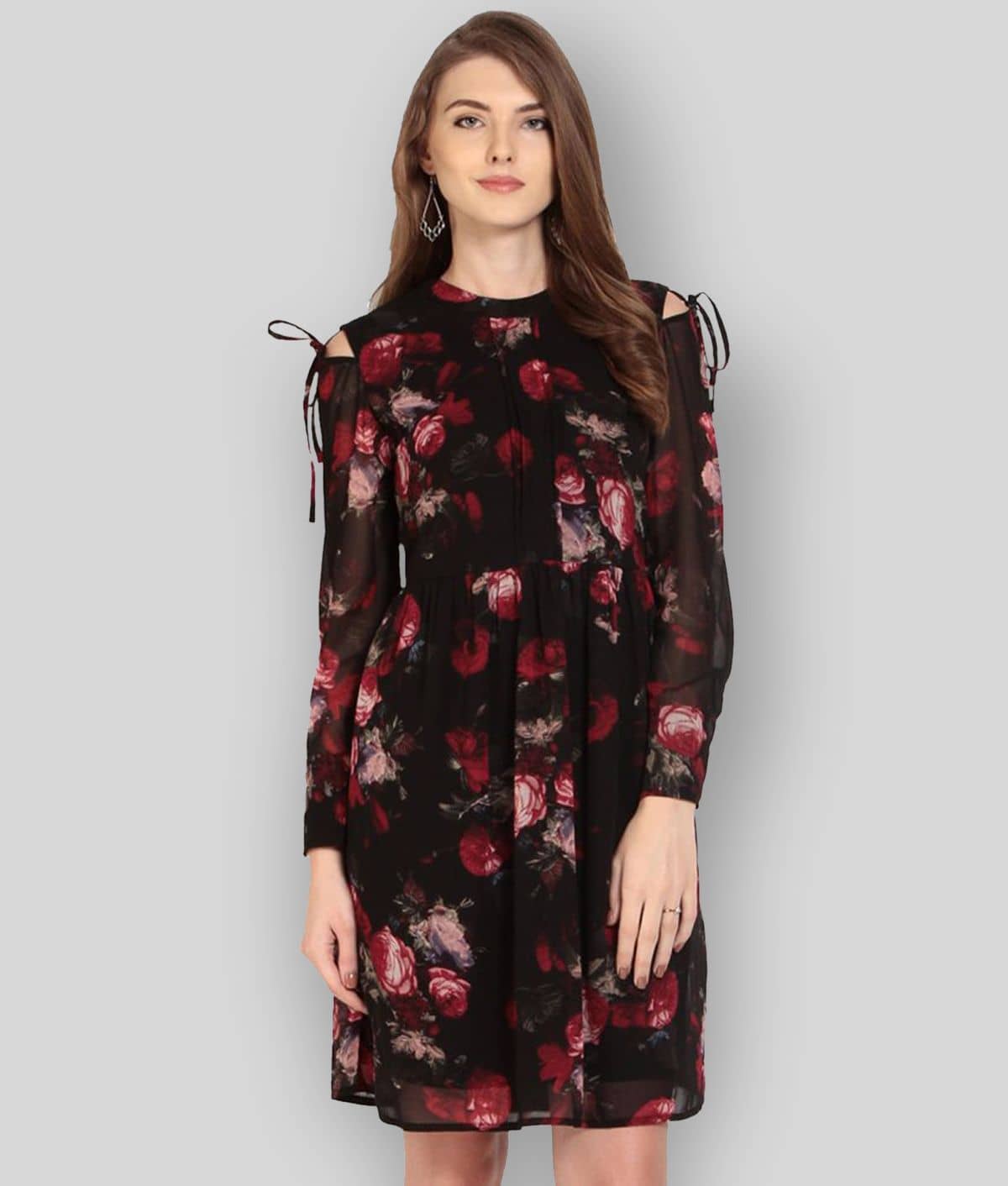 Rare Women Polyester Printed Fit & Flare Dress ( Black )