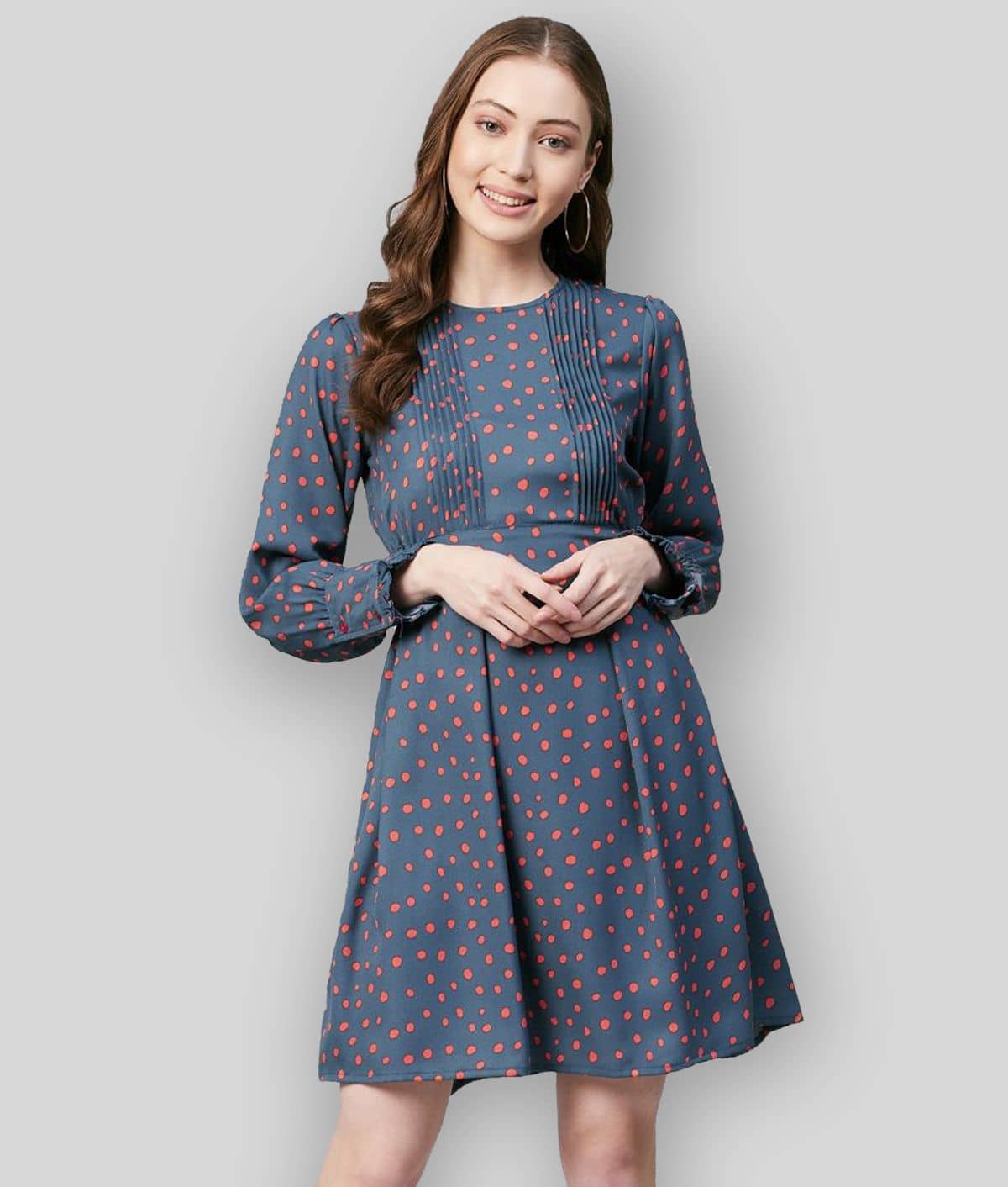 StyleStone Women Crepe Printed Fit & Flare Dress ( Dark Grey )