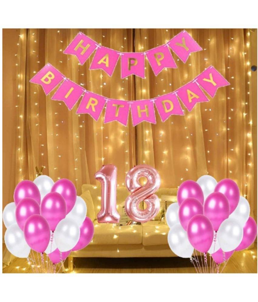     			Blooms  Mall  1 set Happy Birthday Banner   (Pink   Color), 30pcs Metallic Balloon (Pink & White ) , 17 No. Foil Number(Rose Gold)