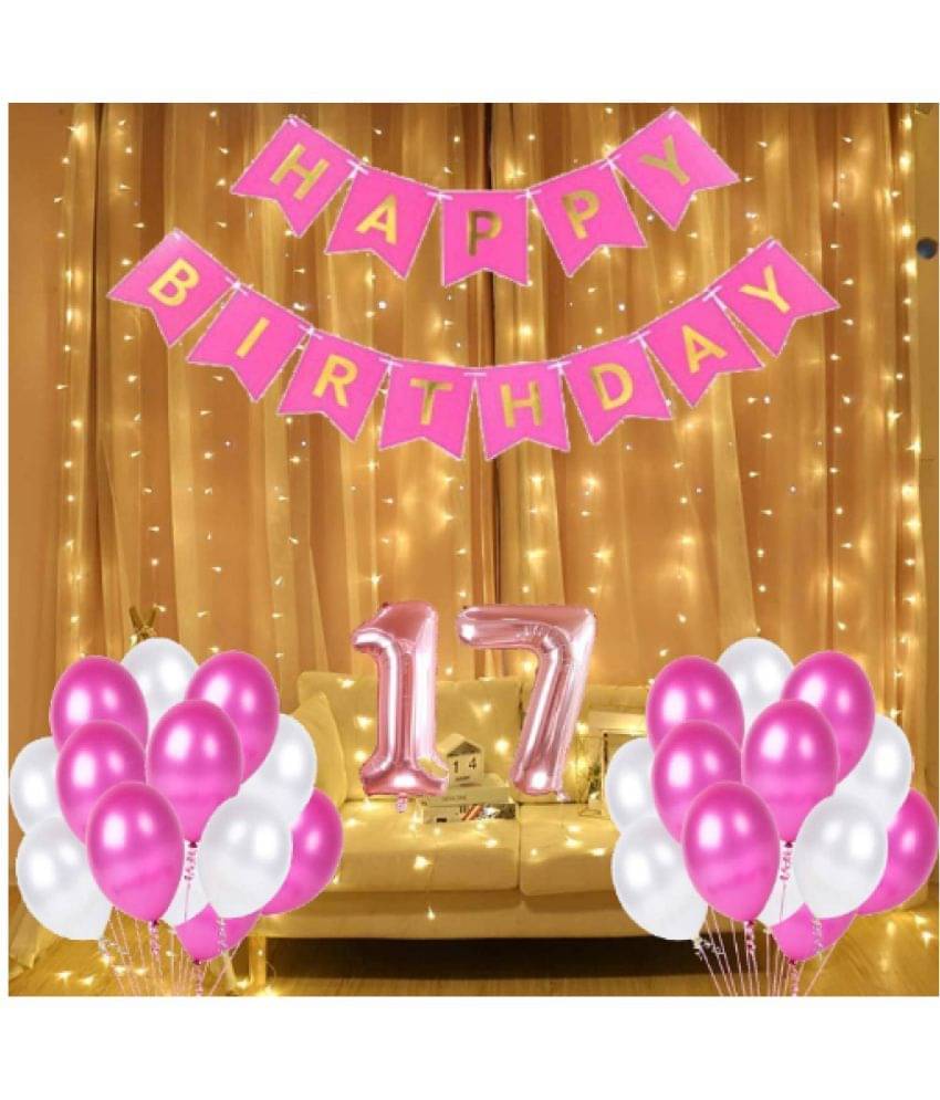     			Blooms  Mall  1 set Happy Birthday Banner   (Pink   Color), 30pcs Metallic Balloon (Pink & White ) , 17 No. Foil Number(Rose Gold)