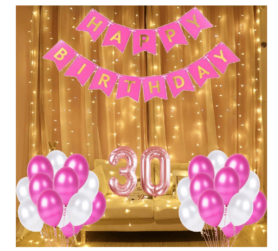     			Blooms  Mall  1 set Happy Birthday Banner   (Pink   Color), 30pcs Metallic Balloon (Pink & White ) ,  30 No. Foil Number(Rose Gold)
