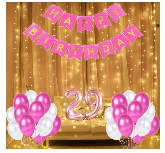     			Blooms  Mall  1 set Happy Birthday Banner   (Pink   Color), 30pcs Metallic Balloon (Pink & White ) ,  30 No. Foil Number(Rose Gold)