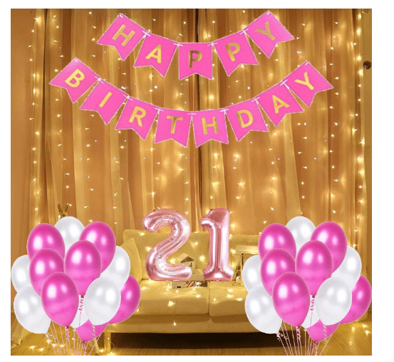     			Blooms  Mall  1 set Happy Birthday Banner   (Pink   Color), 30pcs Metallic Balloon (Pink & White ) ,21 No. Foil Number(Rose Gold)