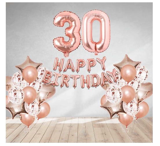     			Blooms  Mall  1 set Happy Birthday Foil  (Rose gold  Color), 4 pcs Rose gold foil star + 4 pcs  Rose gold foil Heart, 10 Pcs Metallic Balloons (Rose Gold)+ 10pcs Rose Gold  Confetti ,  30 No. Foil Number(Rose Gold) +1 Glue Dot