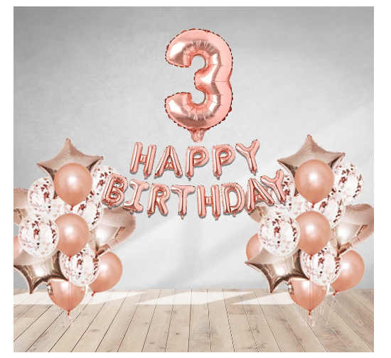     			Blooms  Mall  1 set Happy Birthday Foil  (Rose gold  Color), 4 pcs Rose gold foil star + 4 pcs  Rose gold foil Heart, 10 Pcs Metallic Balloons (Rose Gold)+ 10pcs Rose Gold  Confetti ,3 No. Foil Number(Rose Gold) +1 Glue Dot