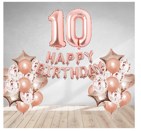     			Blooms  Mall  1 set Happy Birthday Foil  (Rose gold  Color), 4 pcs Rose gold foil star + 4 pcs  Rose gold foil Heart, 10 Pcs Metallic Balloons (Rose Gold)+ 10pcs Rose Gold  Confetti ,10 No. Foil Number(Rose Gold) +1 Glue Dot
