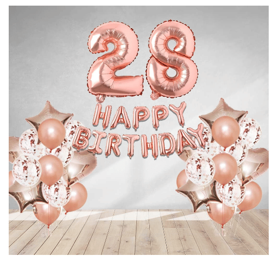     			Blooms  Mall  1 set Happy Birthday Foil  (Rose gold  Color), 4 pcs Rose gold foil star + 4 pcs  Rose gold foil Heart, 10 Pcs Metallic Balloons (Rose Gold)+ 10pcs Rose Gold  Confetti ,28  No. Foil Number(Rose Gold) +1 Glue Dot