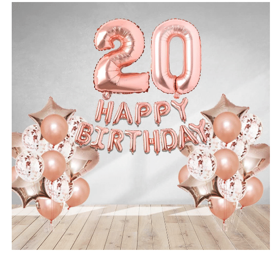     			Blooms  Mall  1 set Happy Birthday Foil  (Rose gold  Color), 4 pcs Rose gold foil star + 4 pcs  Rose gold foil Heart, 10 Pcs Metallic Balloons (Rose Gold)+ 10pcs Rose Gold  Confetti ,20 No. Foil Number(Rose Gold) +1 Glue Dot