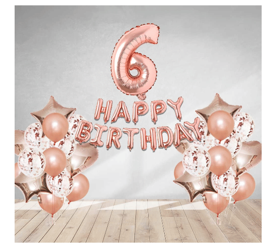     			Blooms  Mall  1 set Happy Birthday Foil  (Rose gold  Color), 4 pcs Rose gold foil star + 4 pcs  Rose gold foil Heart, 10 Pcs Metallic Balloons (Rose Gold)+ 10pcs Rose Gold  Confetti ,8 No. Foil Number(Rose Gold) +1 Glue Dot