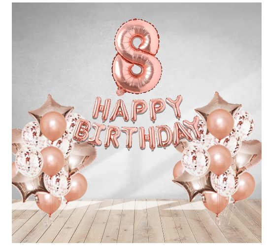     			Blooms  Mall  1 set Happy Birthday Foil  (Rose gold  Color), 4 pcs Rose gold foil star + 4 pcs  Rose gold foil Heart, 10 Pcs Metallic Balloons (Rose Gold)+ 10pcs Rose Gold  Confetti ,8 No. Foil Number(Rose Gold) +1 Glue Dot