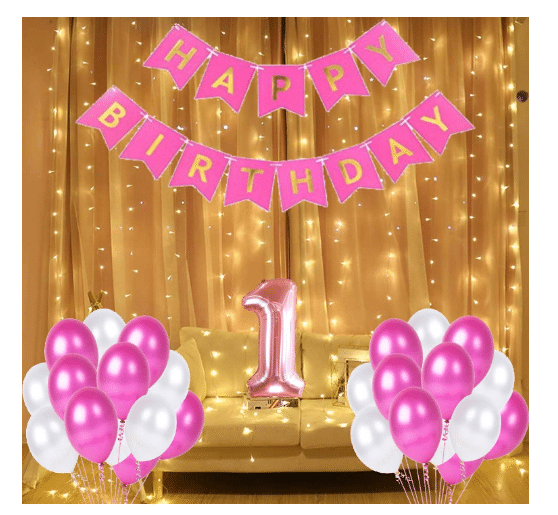     			Blooms  Mall  1 set Happy Birthday Banner   (Pink   Color), 30pcs Metallic Balloon (Pink & White ) ,1 No. Foil Number(Rose Gold)