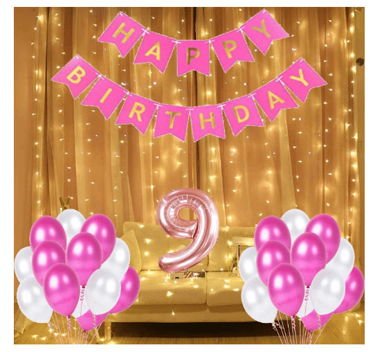     			Blooms  Mall  1 set Happy Birthday Banner   (Pink   Color), 30pcs Metallic Balloon (Pink & White ) ,9 No. Foil Number(Rose Gold)