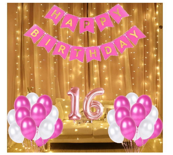     			Blooms  Mall  1 set Happy Birthday Banner   (Pink   Color), 30pcs Metallic Balloon (Pink & White ) ,16 No. Foil Number(Rose Gold)