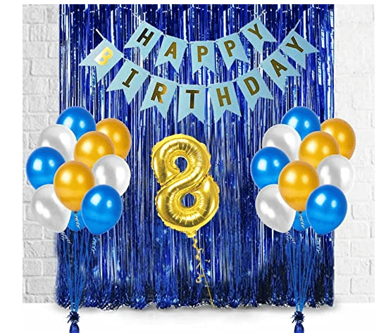     			Blooms  Mall Blue Happy Birthday Decoration Combo - 29Pcs Set (1 Birthday Banner, 24 Balloons,3 Foil Curtains,8 Foil Number Balloon) Happy Birthday Balloons for Party Decoration , Baby 1st birthday ,Birthday decorations boy , Birthday decorations for girls