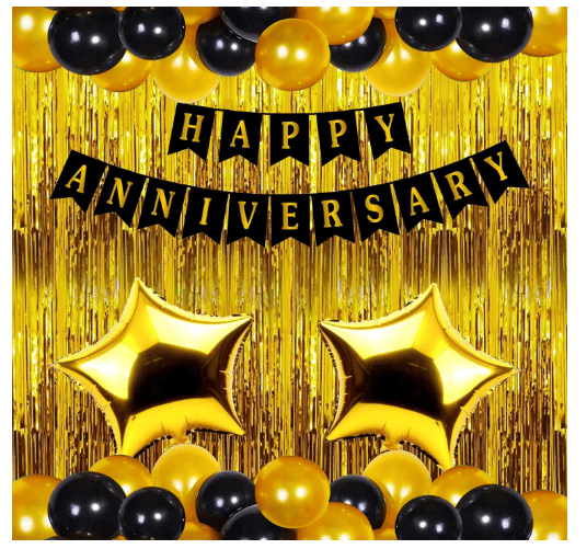     			Blooms  Mall Happy Anniversary Decoration Kit For Home -34 Items Golden Combo Set Bunting, Curtains, Balloons, Foil Balloons anniversary decoration items For Bedroom