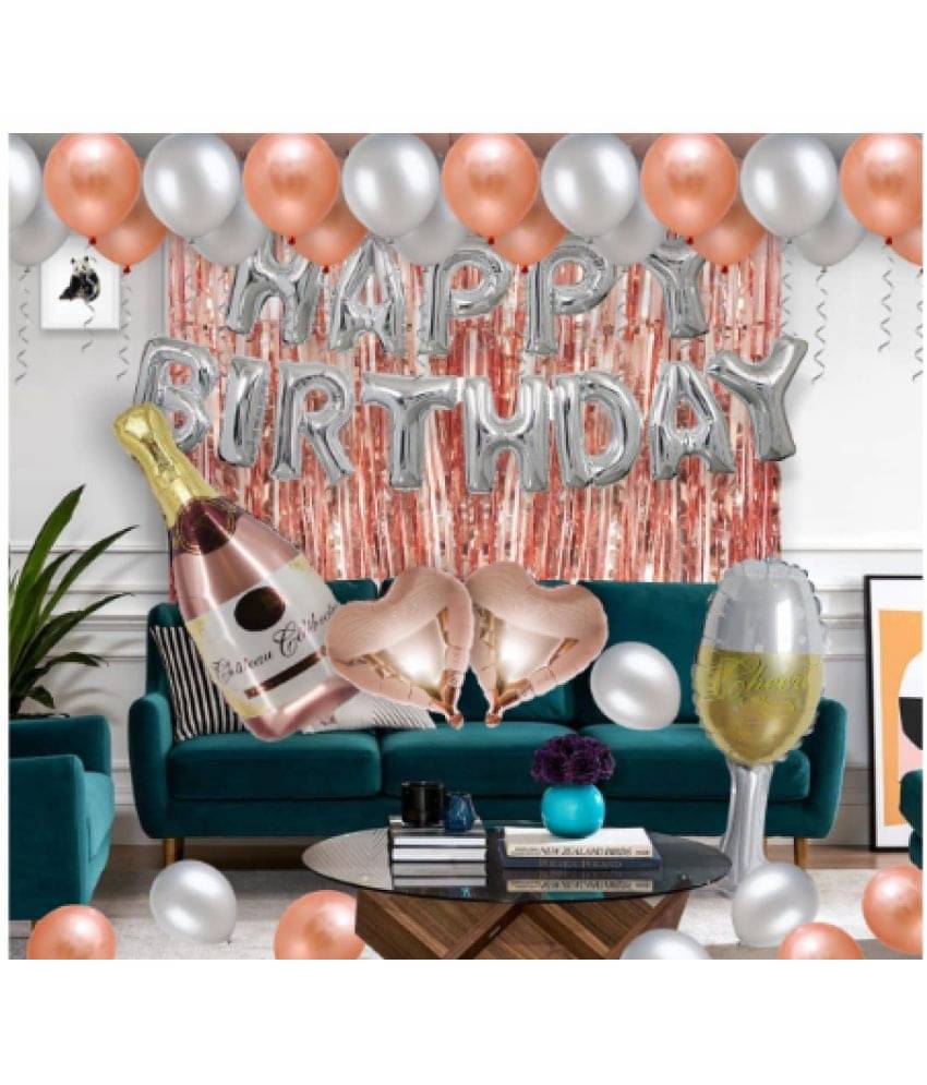     			Blooms  Mall   birthday Decoration Bottle & Glass Combo 57 Items for Husband, Wife, Friend, Adults with Happy B'day Foil Banner & Curtain Background (Rose Gold-Silver)